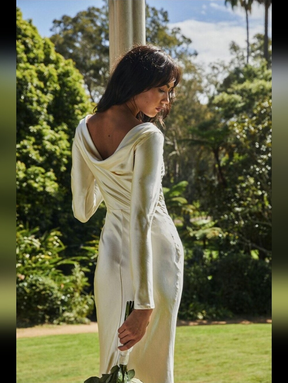 Selfie Leslie Long Sleeve Cream Satin Maxi Dress - Picture 2 of 5